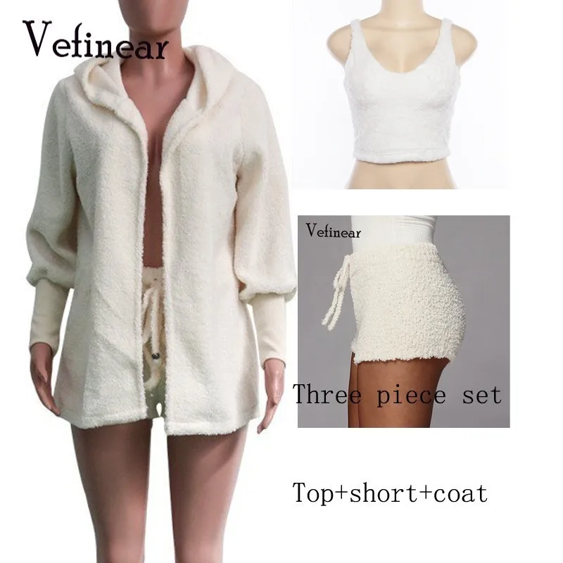 Vefinear, однотонный, зимний, осенний, модный, бархатный, воротник, женские костюмы, однотонный, комплект из трех предметов, длинный рукав, костюм, повседневный костюм, пальто+ шорты+ Топ - Цвет: 3PieceSet