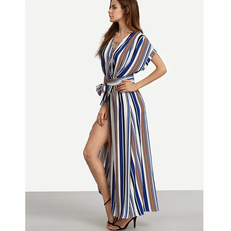 Женское платье в полоску с коротким рукавом и V-образным вырезом | Женская одежда