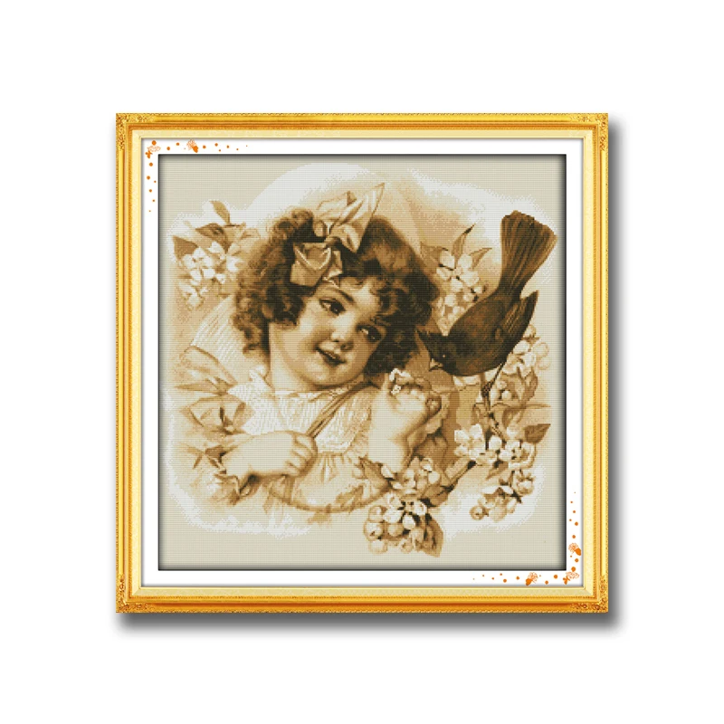 Набор для вышивки крестиком милой девочки с рисунком в виде цветов и птиц 11CT