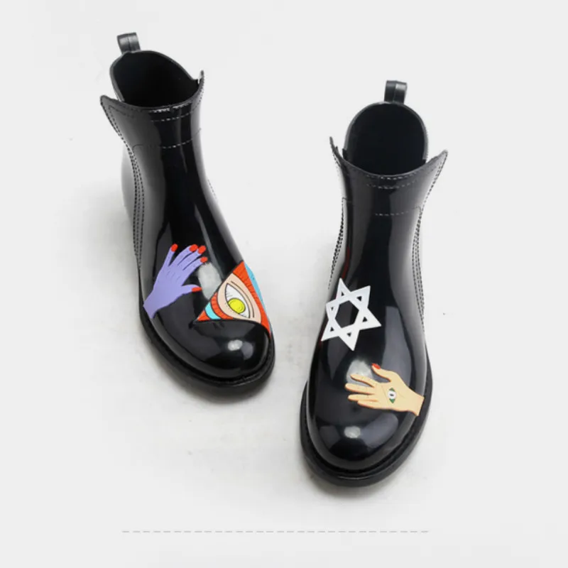Черный/красный мода ручная роспись Slip on стрейч дождь загрузки Водонепроницаемый