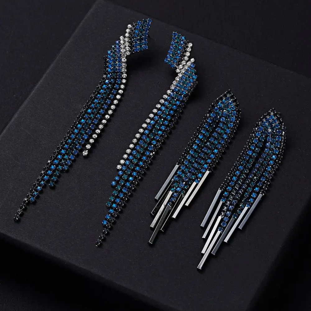 Женские серьги-подвески синего цвета Длинная кисточка из горного хрусталя |