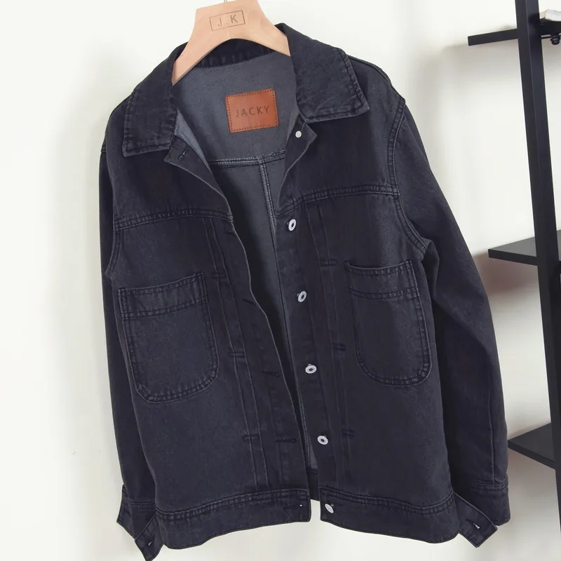 Vintage Long sleeve Black Denim Jacket Women Basic Coat Spring Autumn Short Jeans Outwear Loose Turndown Ladies Jean | Женская одежда