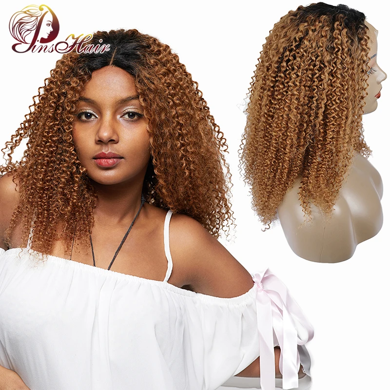 Pinshair Ombre блондинка афро странный вьющиеся волосы человека парики для Для женщин T1B/30 бразильский Синтетические волосы на кружеве парик non-реми застежка парик