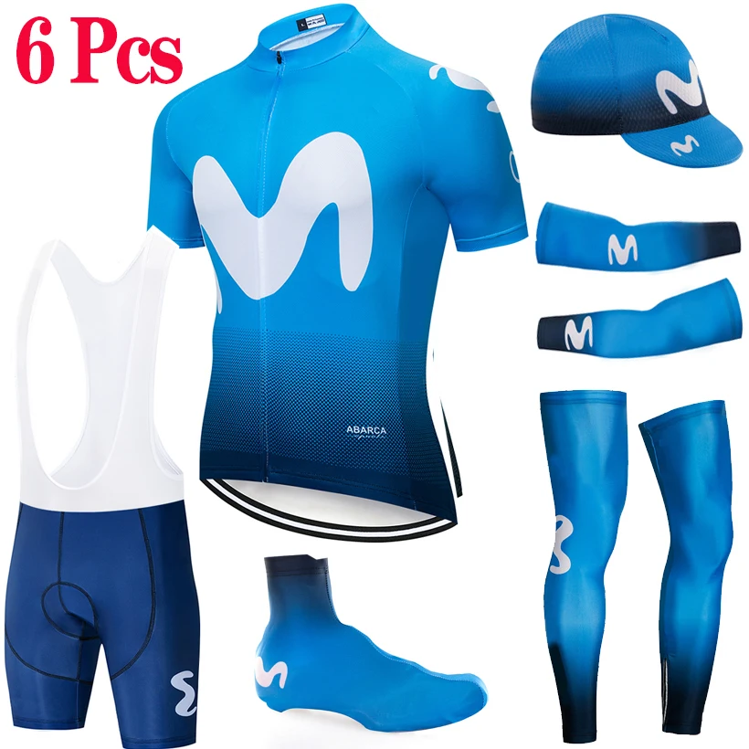 6 pcs full set Movistar Велоспорт полный набор 6 шт велосипед Джерси быстросохнущие мужские Ropa Ciclismo одежда шапки бахилы велосипедные шорты гетры - Цвет: 6 pcs full set