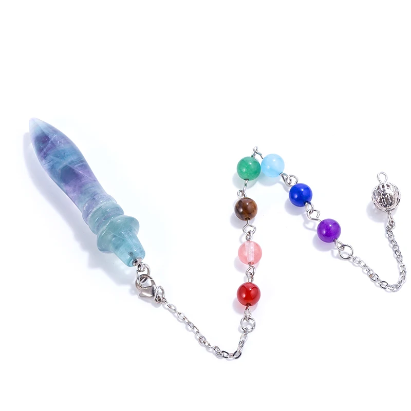 Хит продаж натуральный флюорит 7 маятник с чакрами круглая палочка конус