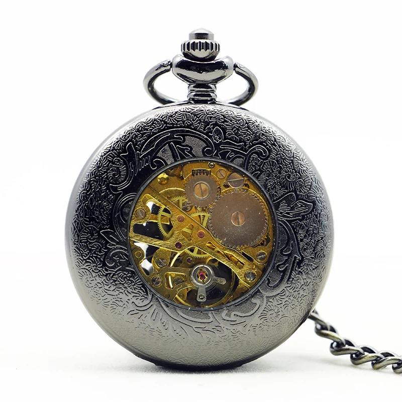 Black Hollow Flower Gem Design Mechanical Pocket Watch Retro Steampunk Gentleman Style Men's Necklace Pendant Clock