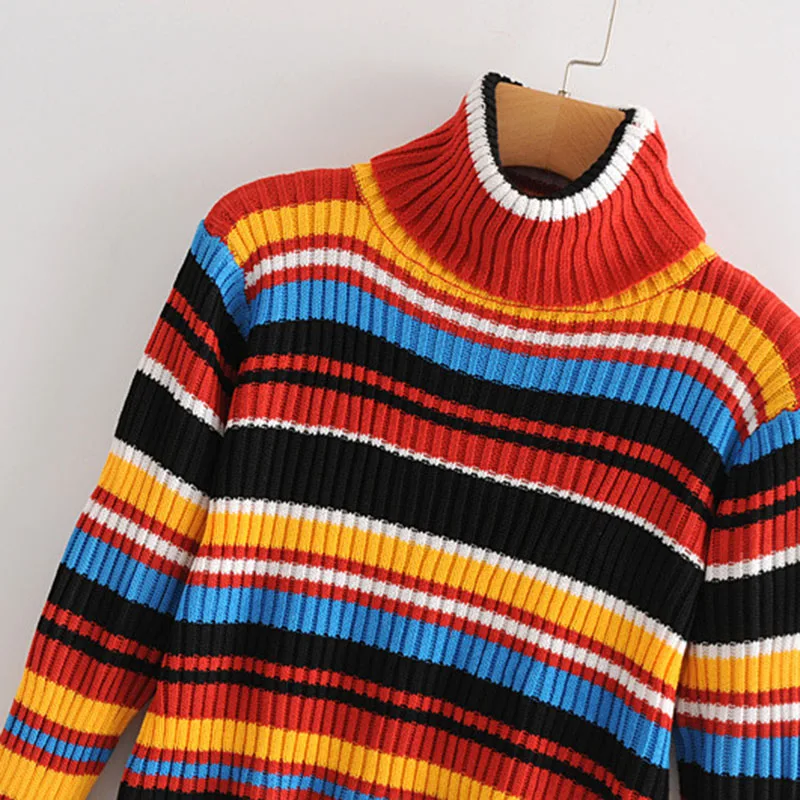 Женские свитера водолазка пуловер Осень-зима Цветной полосатый Повседневный с