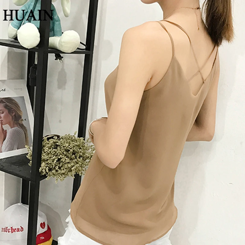 Повседневная летняя женская майка Camis 2019 двухслойная шифоновая Однотонная