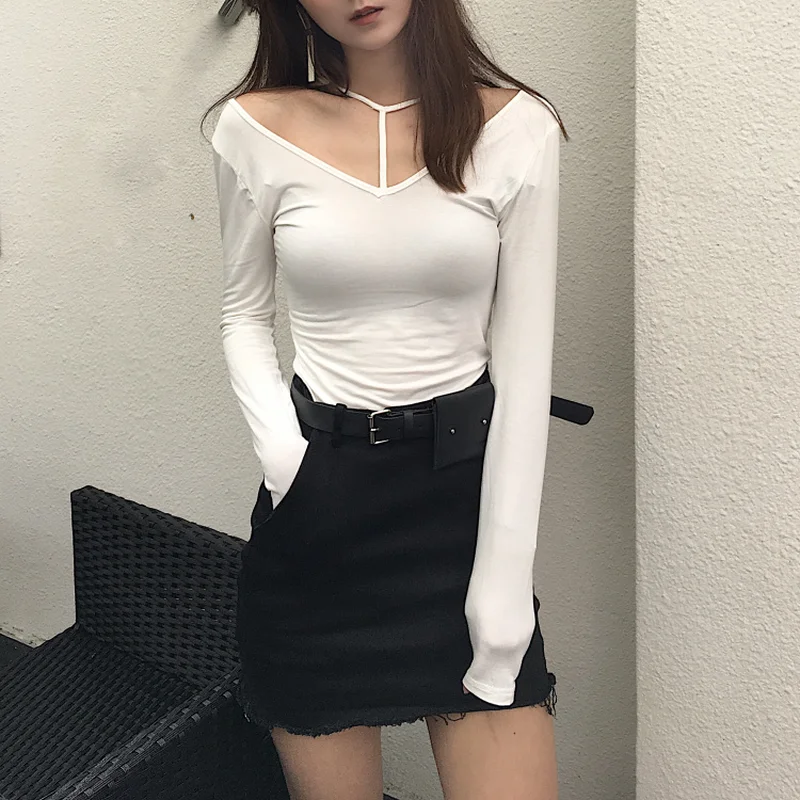 Бесплатная доставка 2018 Весна Длинные рукава футболка Женская Корейская версия