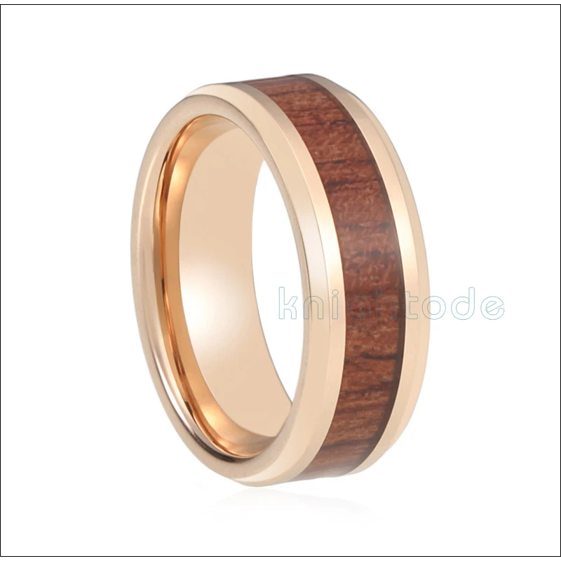 Rose Gold 8mm Tungsten Wedding Band Koa Wood Inlay Men Women Engagement Ring Beveled Edges
