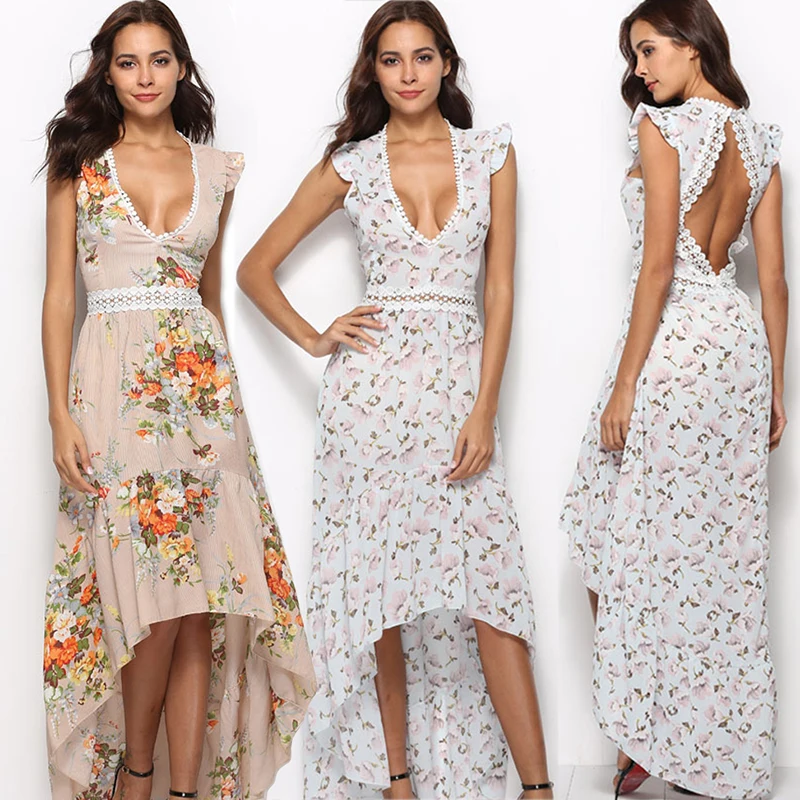 Elegant Floral Print Lace Trim Maxi Dress Party Vestidos Sexy Deep V Neck Backless Summer Women Boho Irregular Long | Женская одежда