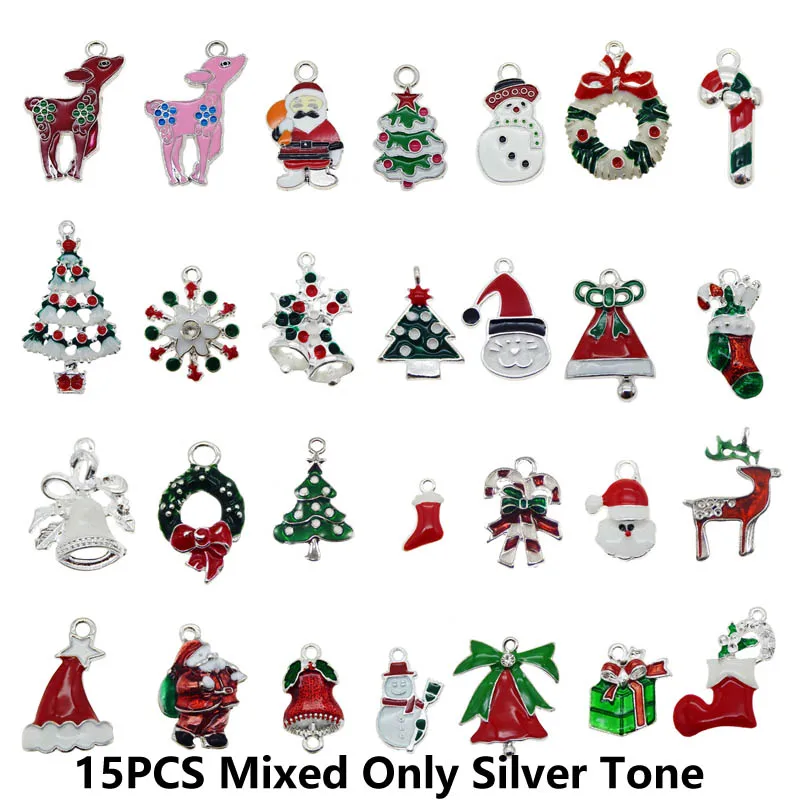 15PCS Silver Tone Julie Wang, 15 шт., случайная смесь, эмаль, цветные рождественские амулеты, золото, серебро, тон, ожерелье, браслет, ювелирное изделие, Рождественский Шарм - Окраска металла: 15PCS Silver Tone