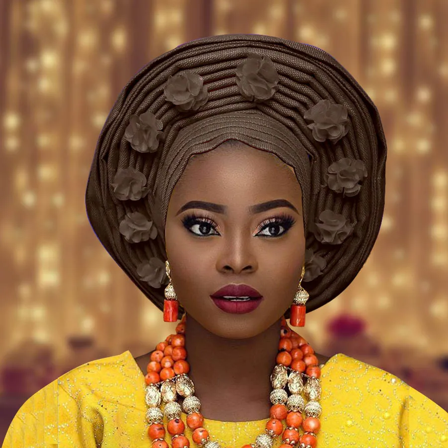 Дизайн aso oke головной убор Авто африканский геле для женщин нигерийская мода головной убор - Цвет: coffee
