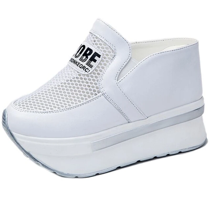 Весенние тапочки без застежки из сетчатой пряжи на танкетке увеличивающие рост