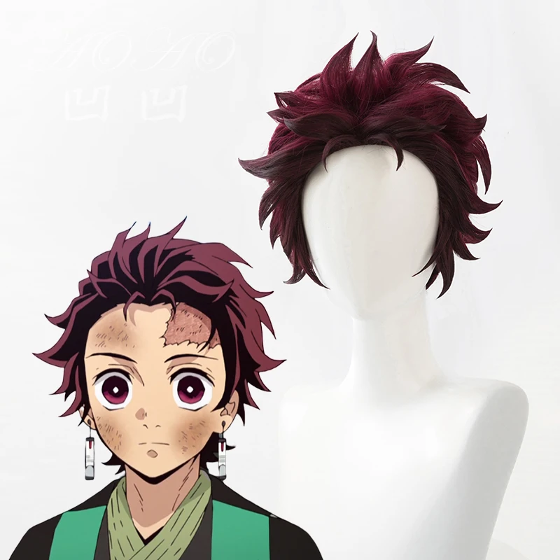 red Парик для косплея японского демона: Kimetsu no Yaiba mens Kamado Tanjirou, парик для ролевых игр, красные волосы - Цвет: red
