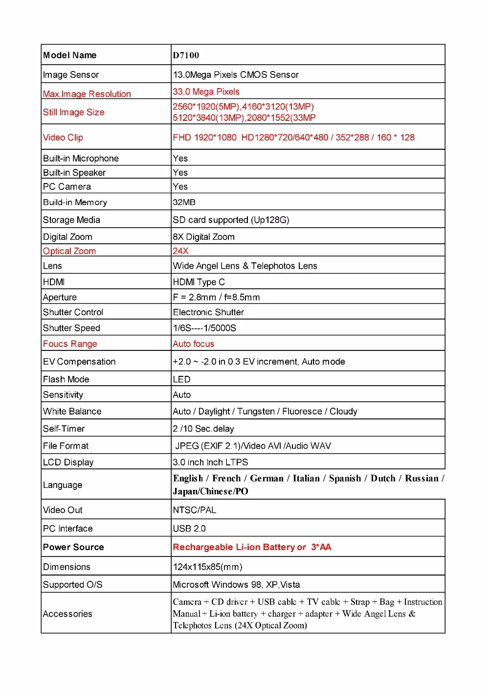 PROTAX D7100 33MP профессиональная DSLR форма цифровых камер 24X телеобъектив 8X цифровой зум широкоугольный объектив светодиодный светильник
