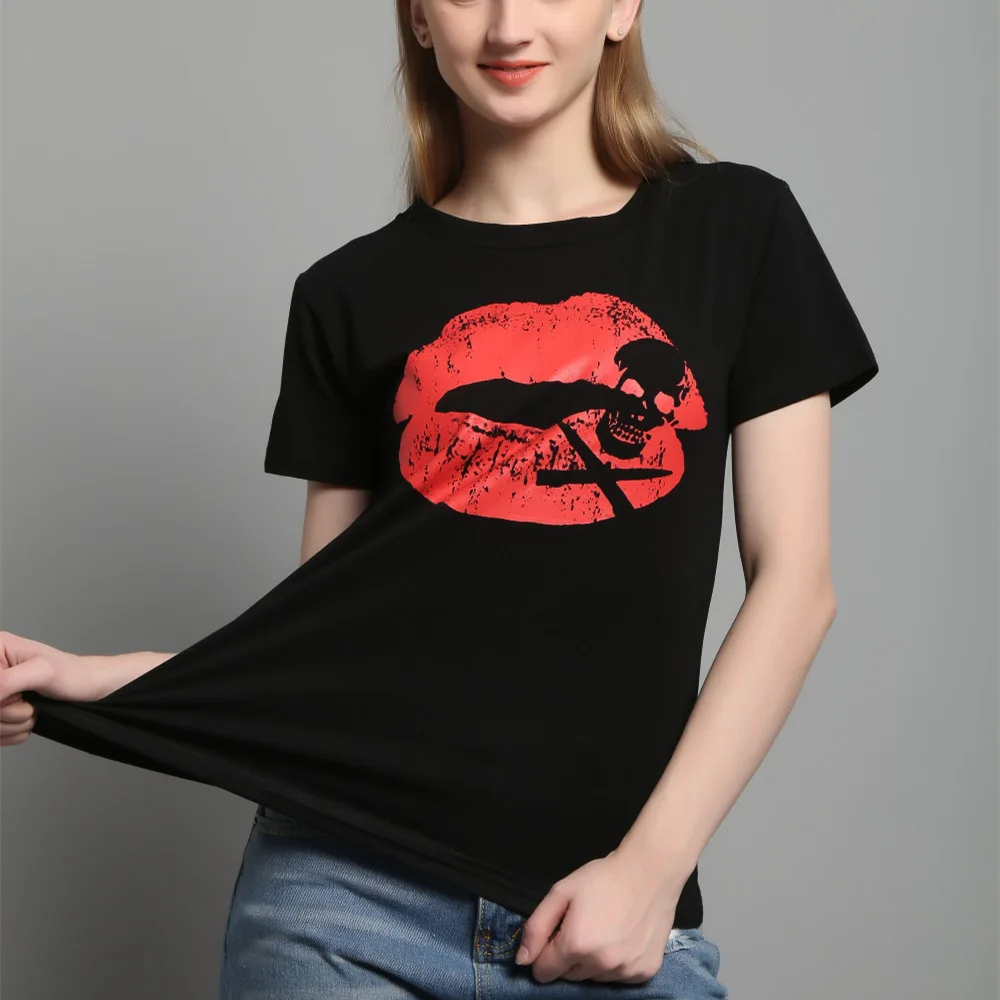 LUBI 2017 New Female Short-sleeved T-shirt for Women Lips Skull Prints Tee Shirt Summer Casual Slim Tops Tees | Женская одежда