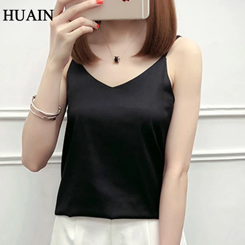 Женский сатиновый Топ однотонная летняя футболка без рукавов с треугольным