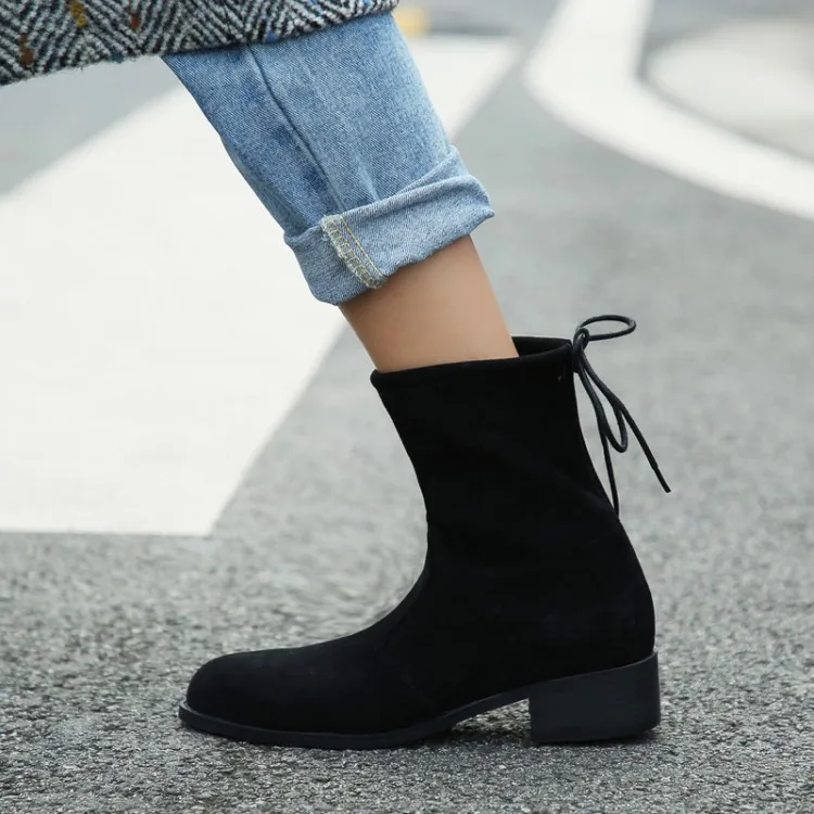 Для женщин зимние на среднем каблуке растяжения ткани ботильоны назад кружева