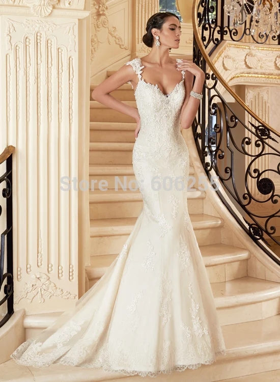bride dresses sexy mermaid vestidos straps sweetheart ivory lace satin inside and tulle outside zipper back wedding V1397 | Свадьбы и