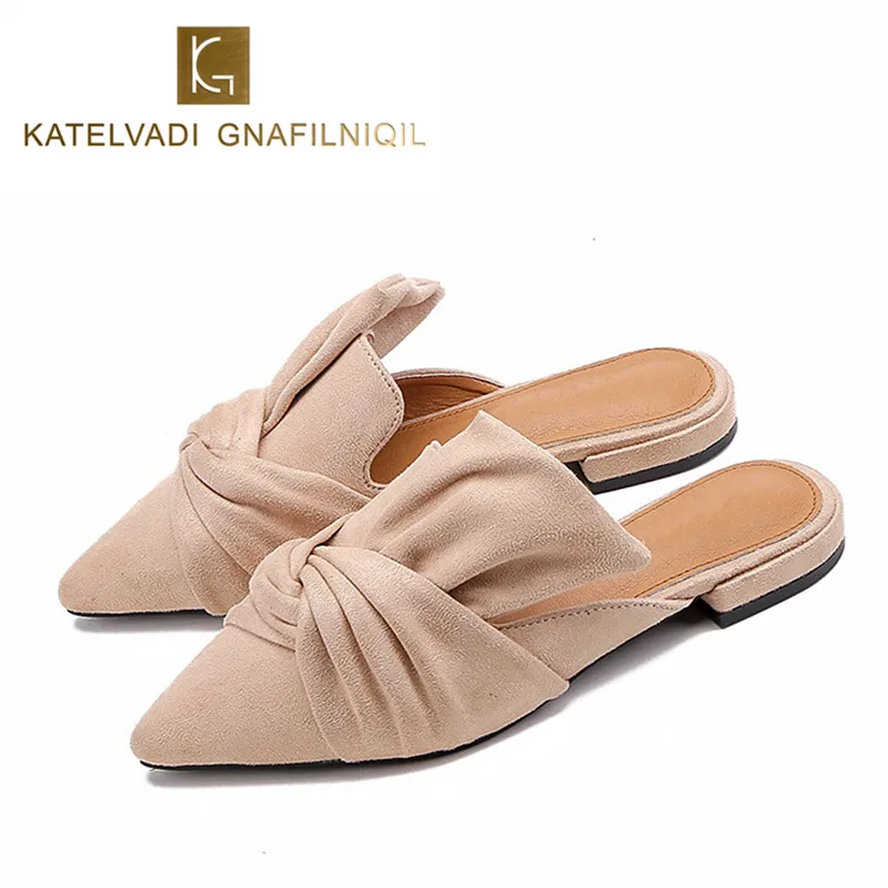 

Fashion Women Mules Beige Flock Slippers Woman Shoes Flats Slip On Pointed Toe Mules Women Slipper Shoes Ladies Slides K-205