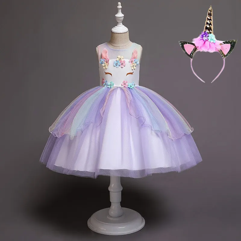Unicorn Dress Q Set VOGUEON/платье-пачка с единорогом для маленьких девочек; Летние Элегантные вечерние платья без рукавов; детское нарядное платье с единорогом; костюм на день рождения - Цвет: Unicorn Dress Q Set