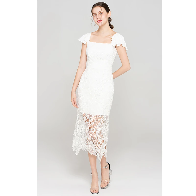 women elegant summer white eyelet dress new fashion woman clothes crochet square collar ruffle short sleeve tight | Женская одежда