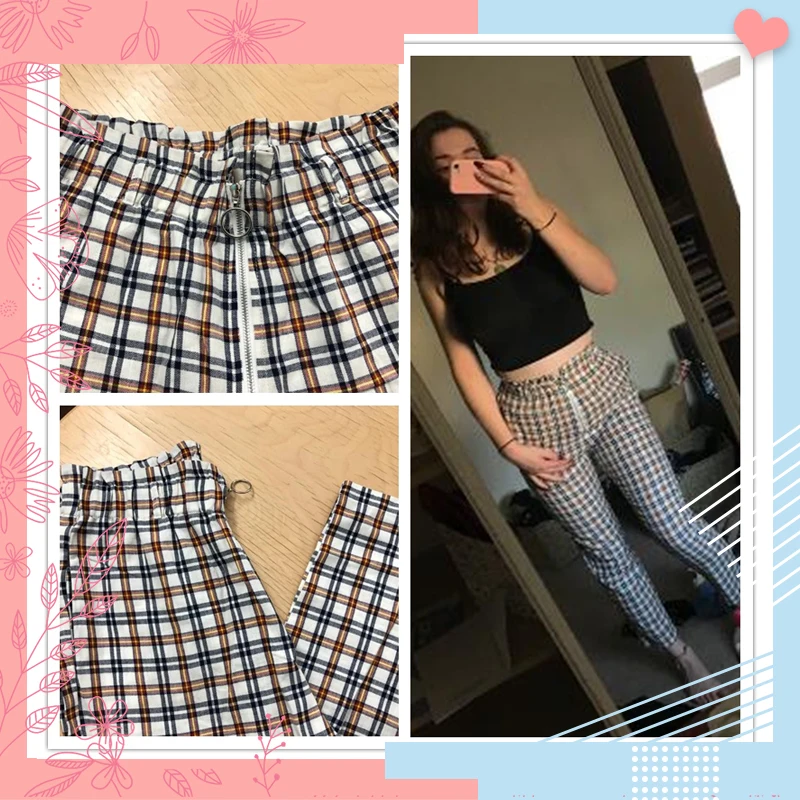 Dotfashion открытые клетчатые женские брюки на молнии, осенняя повседневная одежда, модные прямые брюки с бахромой и высокой талией