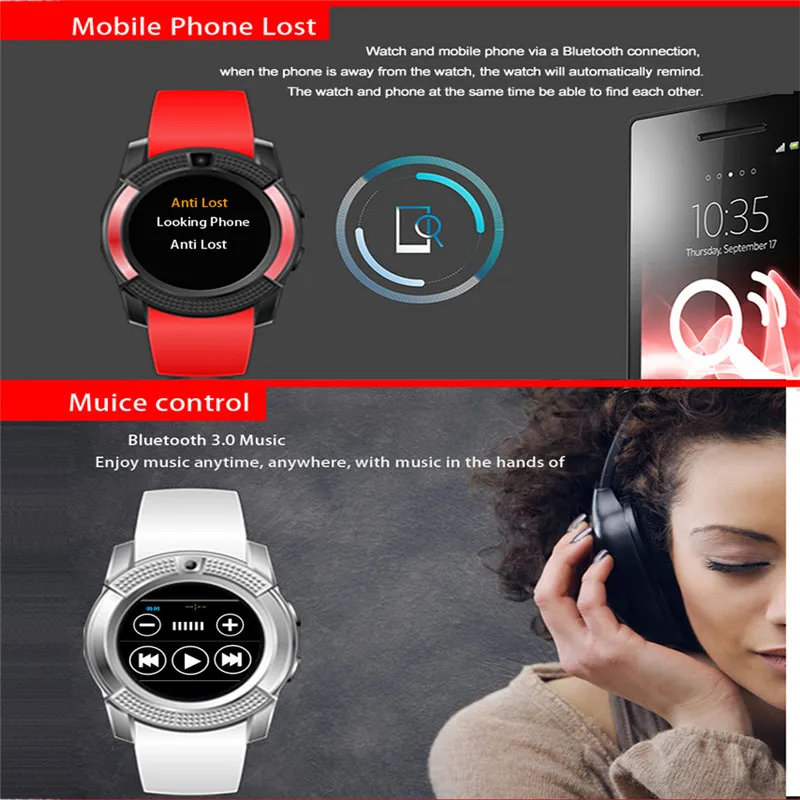 Новинка 2017 года SmartWatch V8 полный круговой Экран Поддержка Wechat SIM и карты памяти mp3/mp4