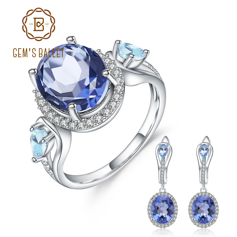 Серьги кольца из серебра 925 пробы с натуральным мистическим кварцем и голубым