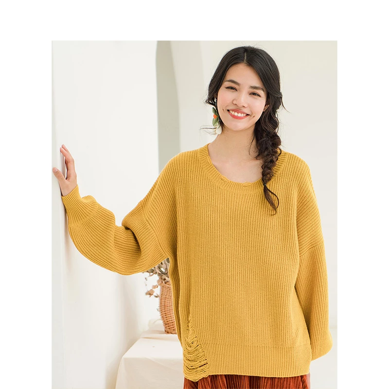 INMAN Winter Female Teenage Girl Scratch Lantern Sleeve Loose Pullover Sweater | Женская одежда