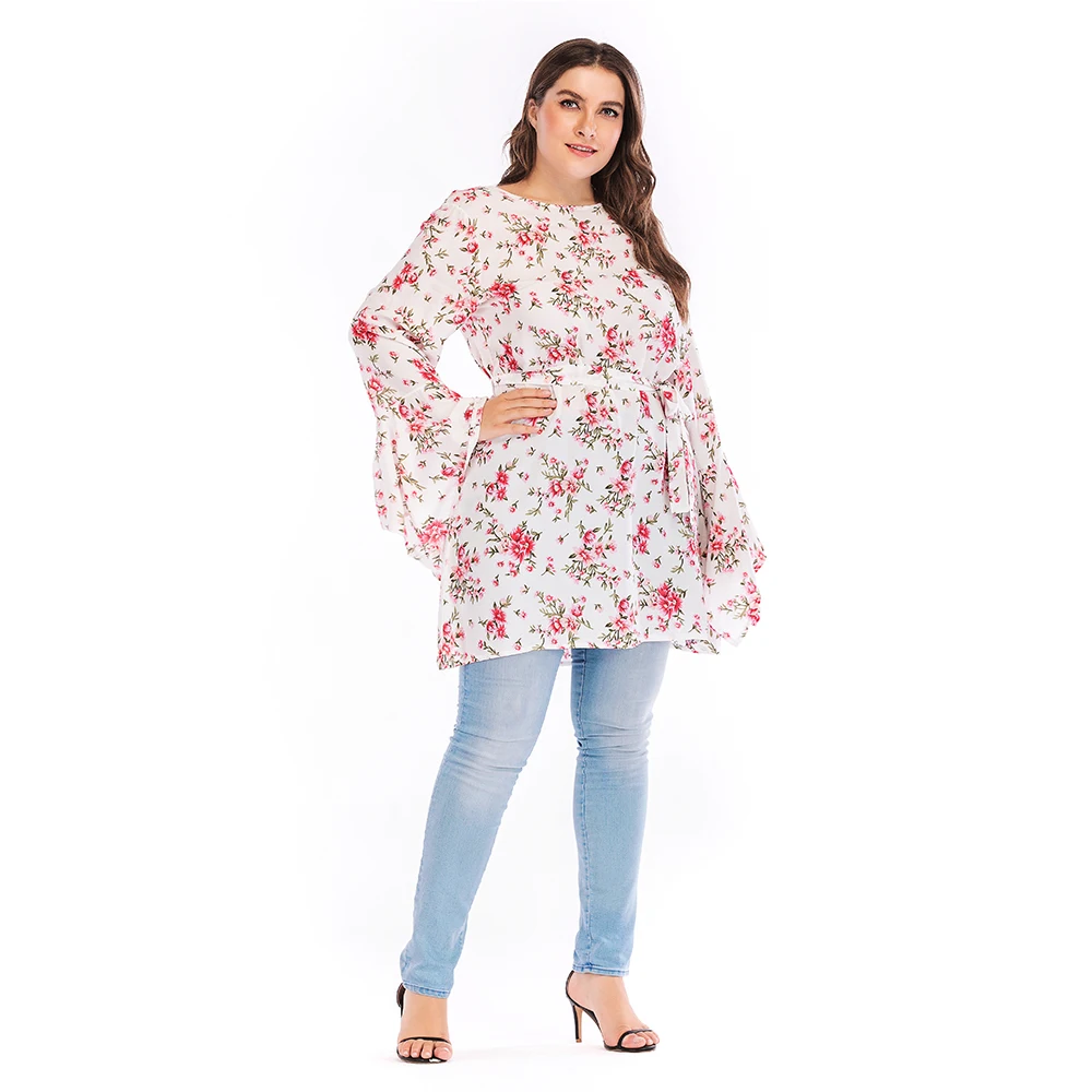 

Long tops islamic clothing floral short dress with belt Irregular long sleeve plus size women clothing