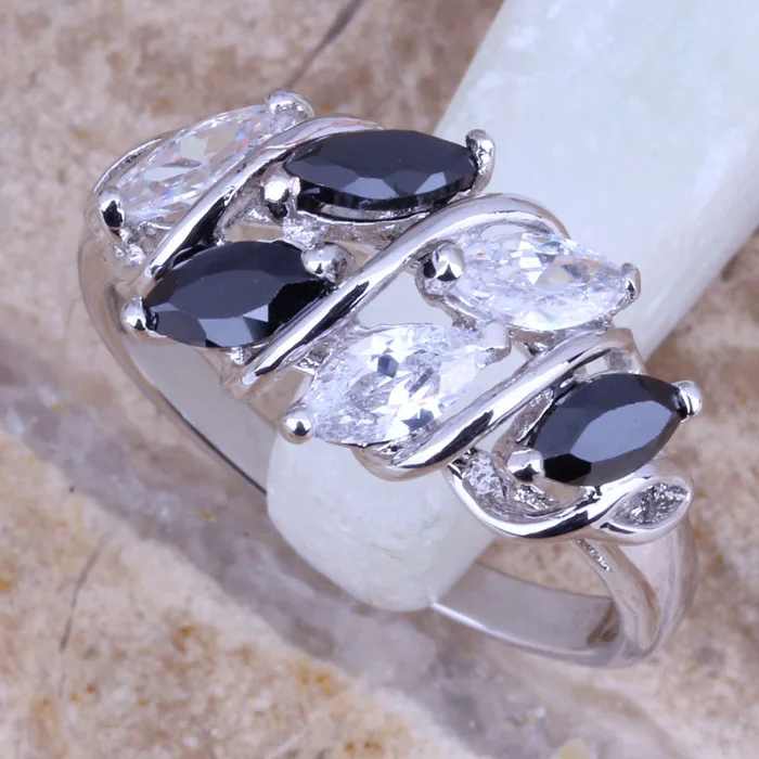 Милый черный кубический цирконий Белый CZ посеребренное модное тонкое кольцо