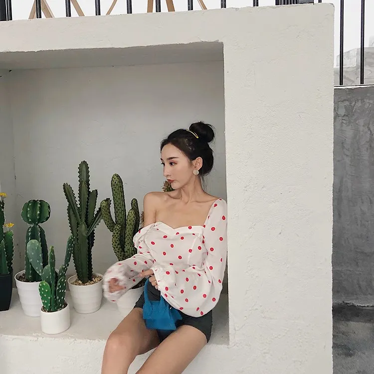 Женская блузка с открытыми плечами и принтом в горошек повседневная винтажная