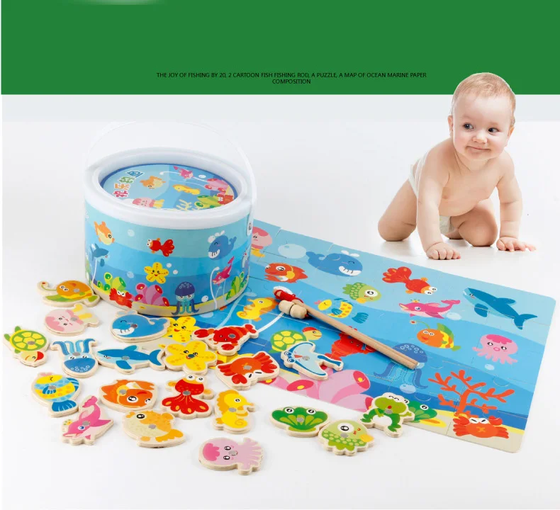 3D Wooden Magnet Fish Puzzle Kids Toys Magnetic Fishing Parent-child Interactive Toy For Children Educational Indoor Fun Game