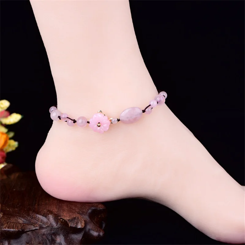 Yanting Ethnic Women Anklets Powder Crystal Stone Romantic Sweet Pink Foot Jewelry Glass Glazed Flower Gifts For Girl Female 010 | Украшения