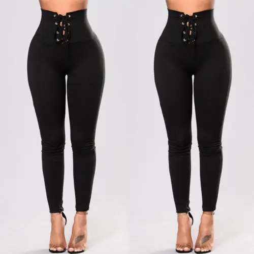 

Women Slim Pants High Waist Lace Up Bandage Pants Skinny Stretch Pencil Trousers
