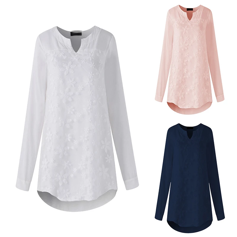 Женская кружевная блузка с длинным рукавом и цветочной вышивкой свободная