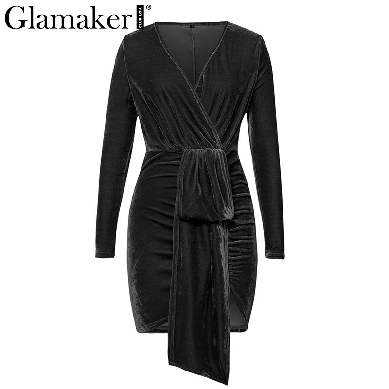 Glamaker Бандажное облегающее платье женское красное бархатное вечернее платье с глубоким v-образным вырезом элегантное женское мини-платье с длинным рукавом и поясом - Цвет: Черный