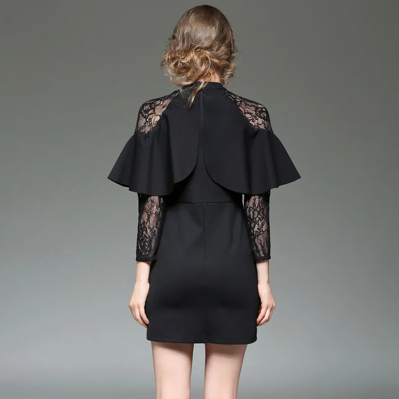 S-XL Женщины Весна Делопроизводство Dress Мода Slim О-Образным Вырезом Sexy Кружева