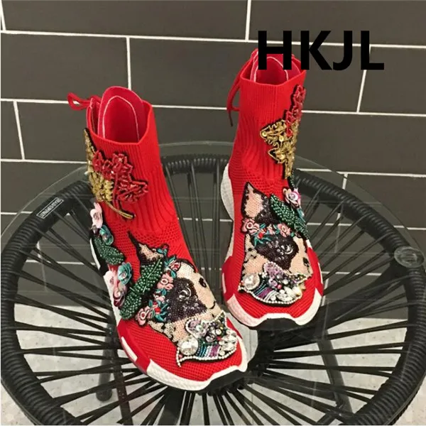 HKJL/высокие вязаные кроссовки; Новинка; женские эластичные носки на шнуровке сзади; очень популярная повседневная обувь для папы