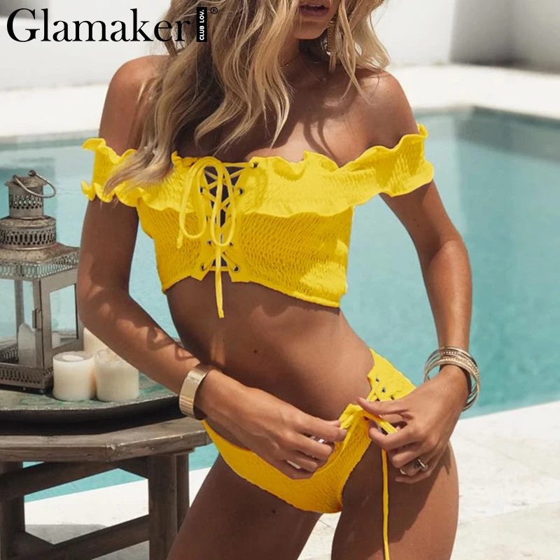 Glamaker черный на шнуровке с рюшами бикини сексуальный открытыми плечами купальник