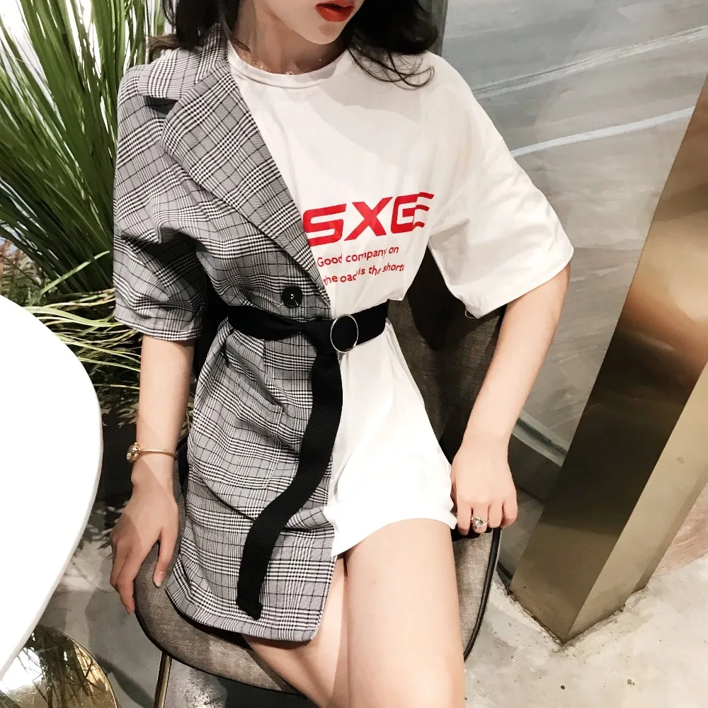 2 цвета летнее платье 2018 повседневный клетчатый костюм пэтчворк имитация двух