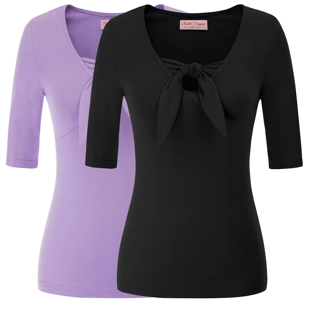 Женская футболка с V образным вырезом рукавом 1/2 и галстуком|Футболки| |