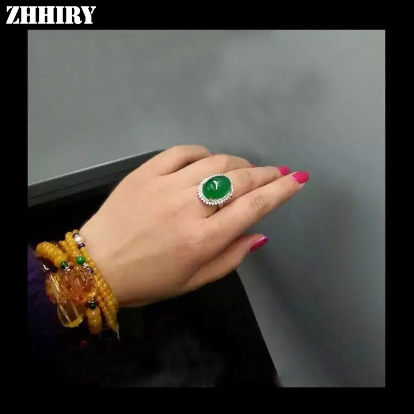 ZHHIRY Настоящее натуральное зеленое халцедоновое кольцо подлинное твердое 925 пробы серебро для женщин драгоценные камни кольца большой камень хорошее ювелирное изделие