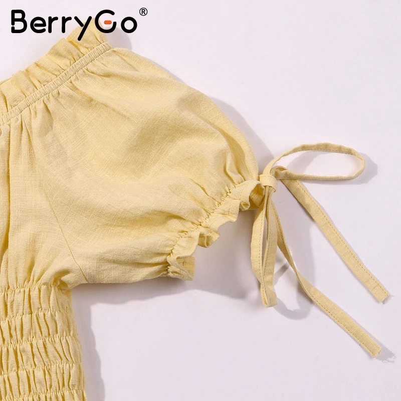 BerryGo Vintage off shoulder women crop top Ruched ruffle button summer blouse shirt Casual streetwear lace up ladies tops blusa |