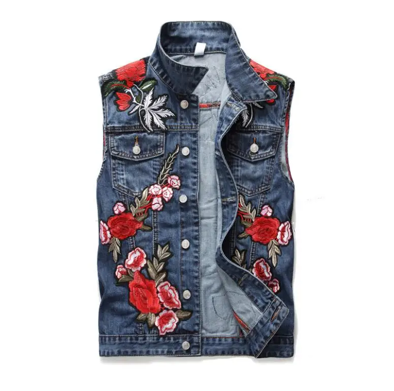 as the picture M/3Xl мужские модные джинсовые жилеты без рукавов весенние и осенние мужские джинсовые жилеты с вышивкой в стиле панк большие размеры джинсовые топы J2870 - Цвет: as the picture