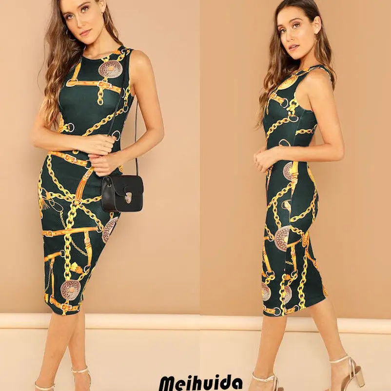 Зеленый Women Chain Print Bodycon Tank Elegant Bodycon Dress Womens New Spring Sleeveless Midi Dress Office Fashion Dresses - Цвет: Зеленый