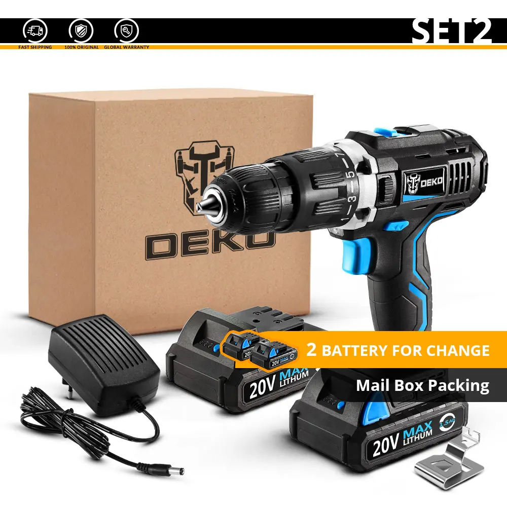 Электрическая отвертка DEKO GCD20DU3 20V Max имеет ударную функцию аккумуляторной дрели с питанием от литиево-ионного аккумулятора постоянного тока можно регулировать скорость - Цвет: SET2