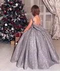 Украшенное блестками Серебряное платье для маленьких девочек на день рождения с открытой спиной и бантом бальное платье для девочек нарядное платье для рождественской вечеринки